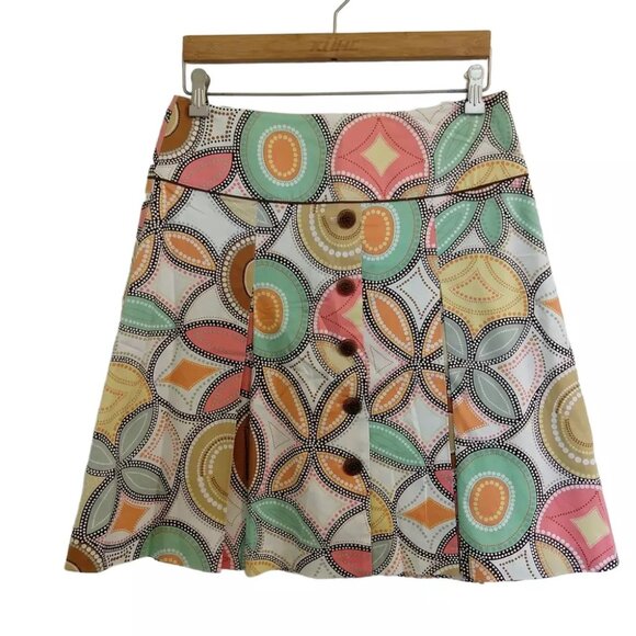 Pleated A-Line Skirt Mod Psychedelic Geo Print 8 Chunky Buttons - Picture 1 of 9